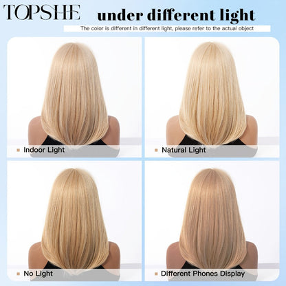 Synthetic Wig 14-Inch Golden Layered Straight Style with Full Bangs and Glueless Rose Net Cap