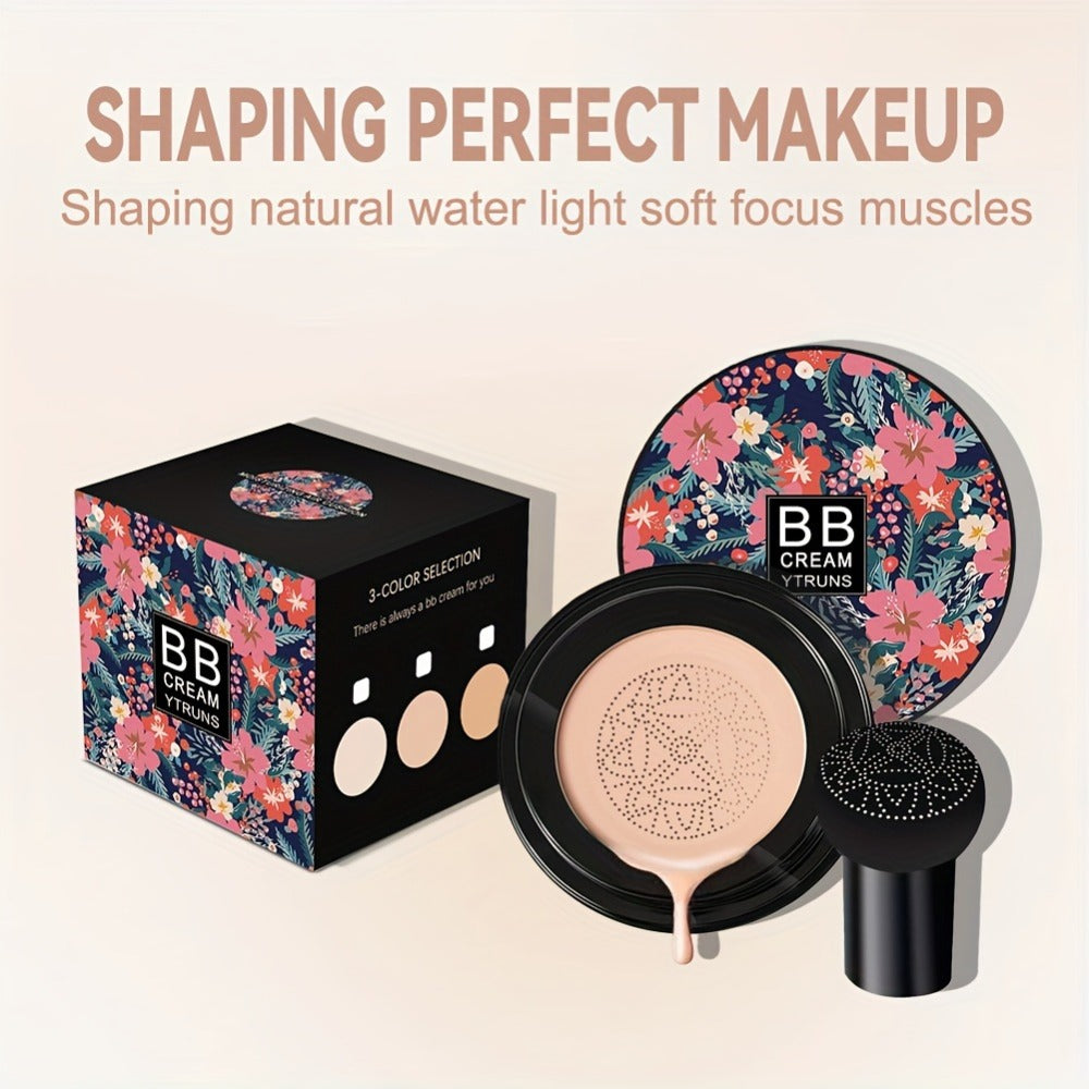 Floral Compact Air Cushion Foundation with Mushroom Puff Applicator and Ivory, Natural or Dark Shades