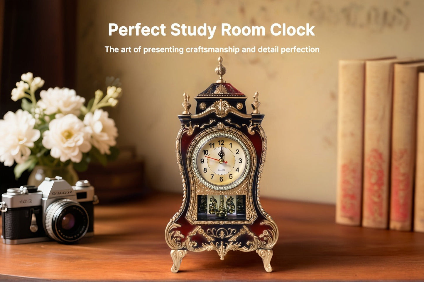 Ornate Brown-Red Tabletop Alarm Clock with Analog Dial, Decorative Pendulum Window and 14-Inch Height