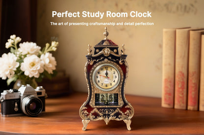 Ornate Brown-Red Tabletop Alarm Clock with Analog Dial, Decorative Pendulum Window and 14-Inch Height