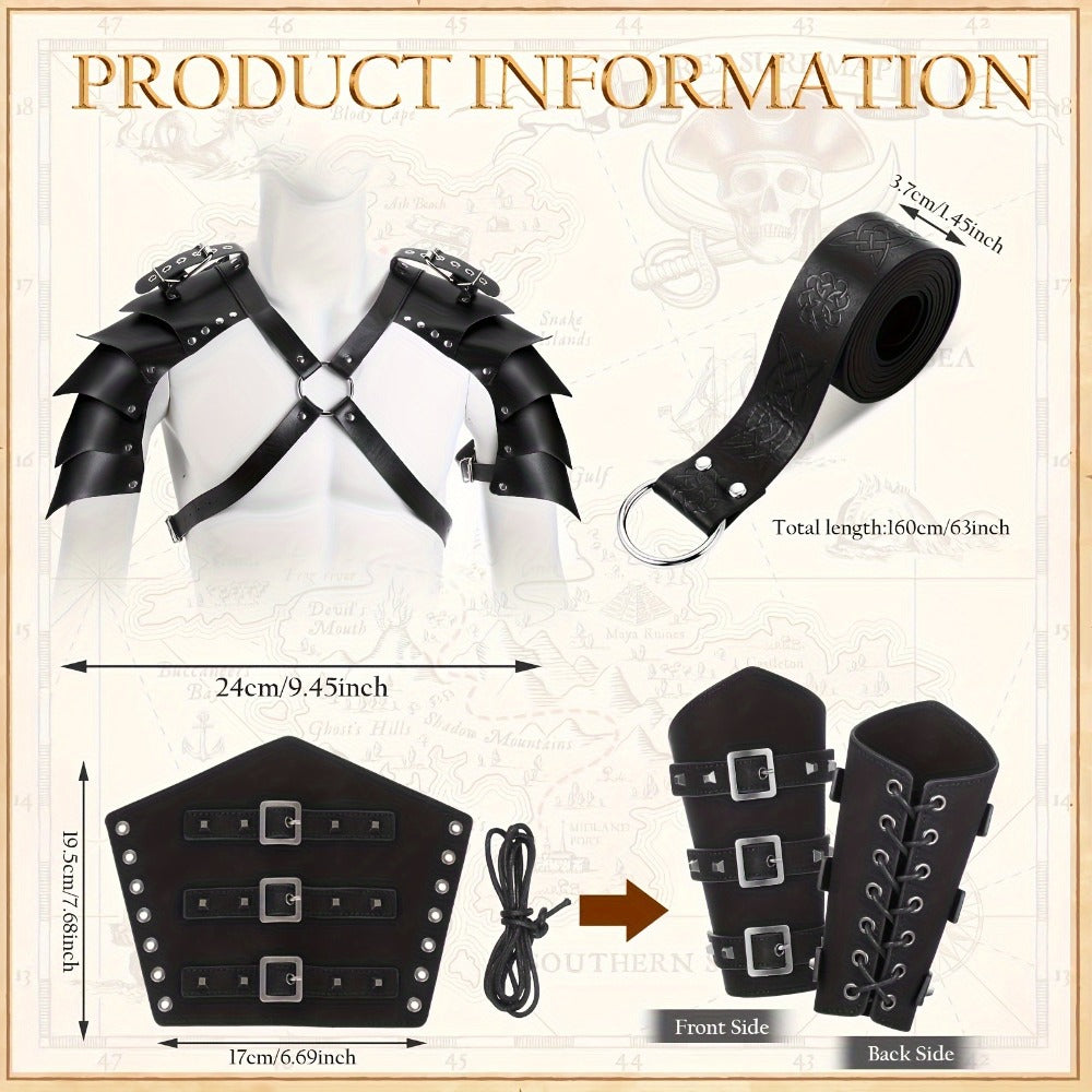 Costume Accessories 4-Piece Medieval Armor Set with Shoulder Cape, Arm Guards and Belt in Black