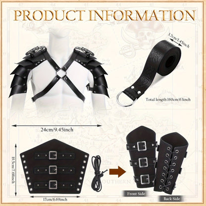 Costume Accessories 4-Piece Medieval Armor Set with Shoulder Cape, Arm Guards and Belt in Black