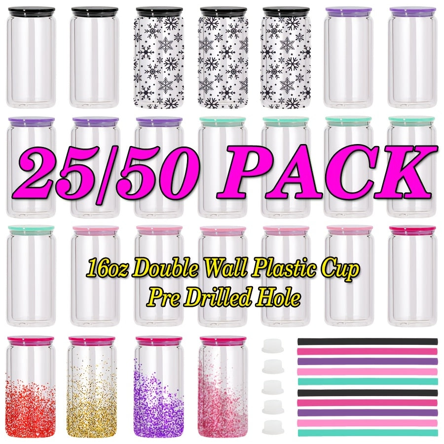 Snow Globe Tumbler Drinkware Bulk Set, 16oz Double-Wall Plastic Cups with Lids, Straws and Pre-Drilled Holes