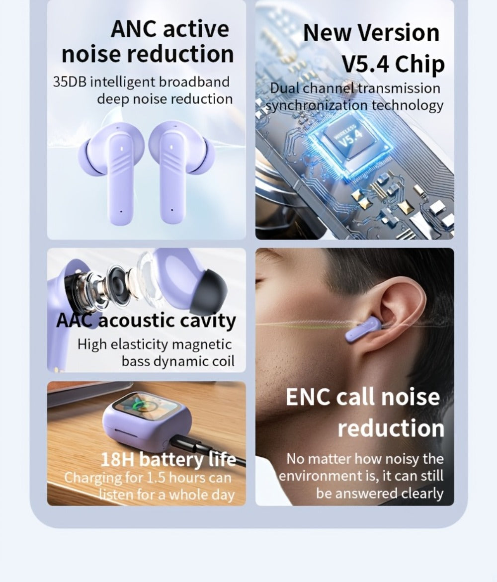 Wireless Earbuds Bluetooth 5.4 with ANC and ENC, LED Touchscreen Case and 48-Hour Playtime