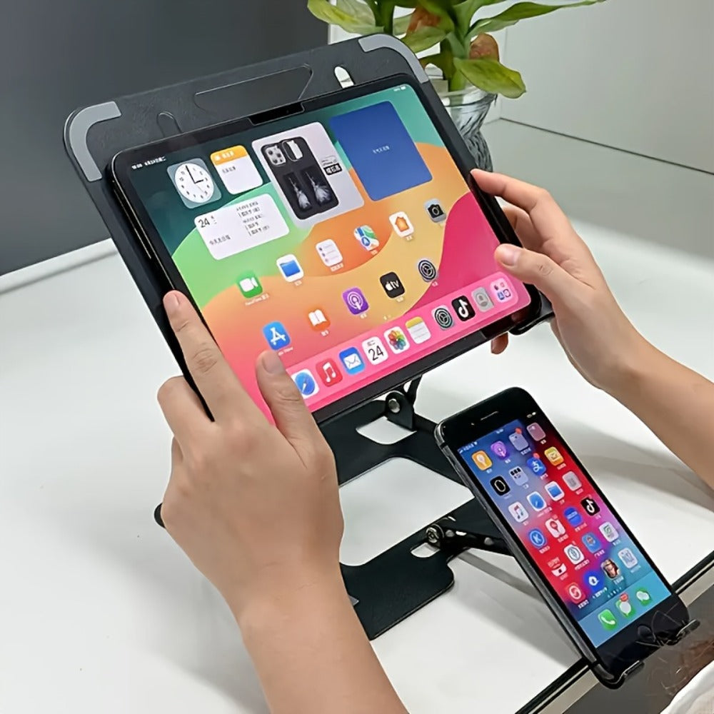 Adjustable Laptop Stand 2-in-1, Carbon Steel Ergonomic Computer & Phone Stand, 180° Height Adjustment, Foldable Portable Desk Stand for MacBook, Tablet, Mobile Phone – Silver/Black