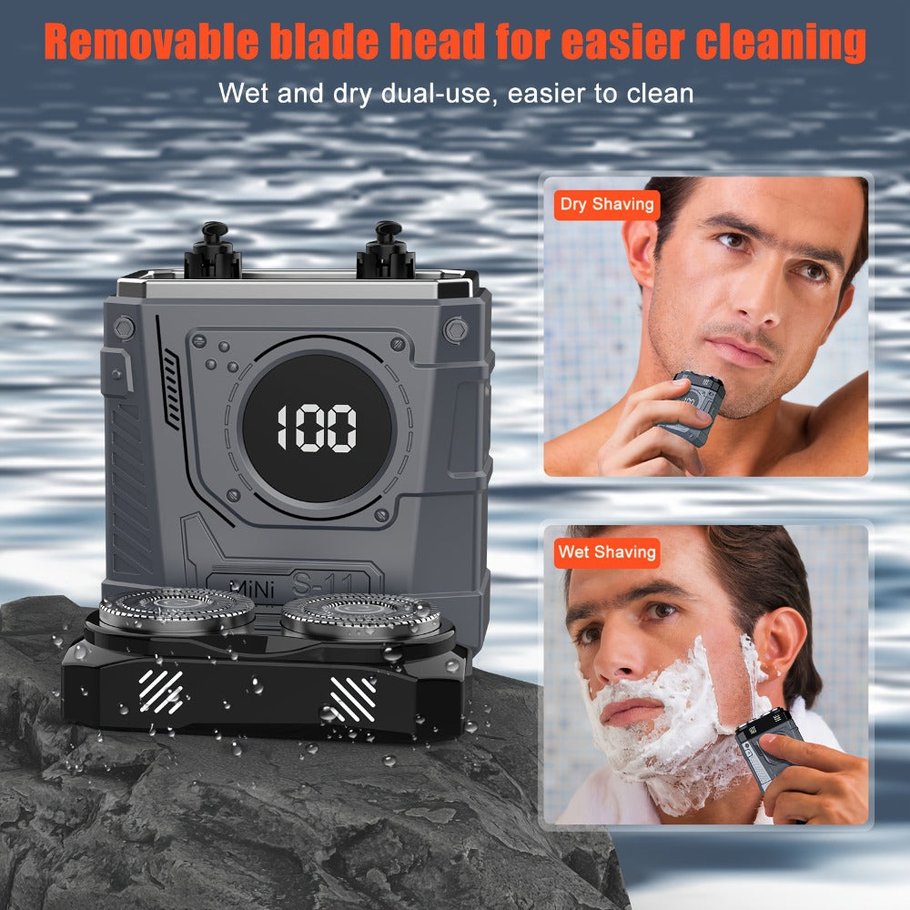 Compact Mecha-Green Dual-Rotary Electric Shaver with Front Battery Display and USB Cable Pictured