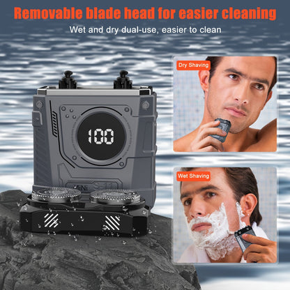 Compact Mecha-Green Dual-Rotary Electric Shaver with Front Battery Display and USB Cable Pictured