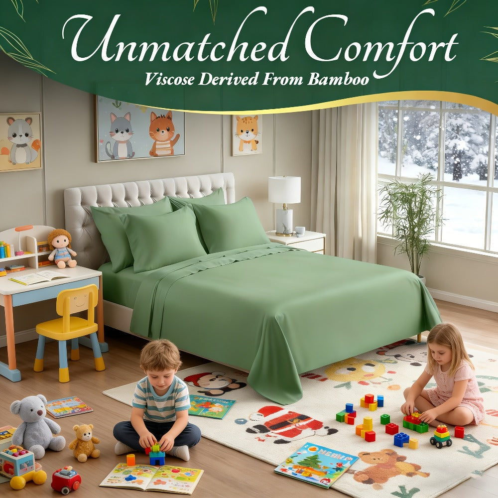 Bed Sheet Set Bamboo-Derived Fabric with Four Bed Sizes, Documented Sheet Dimensions and Thirteen Colors