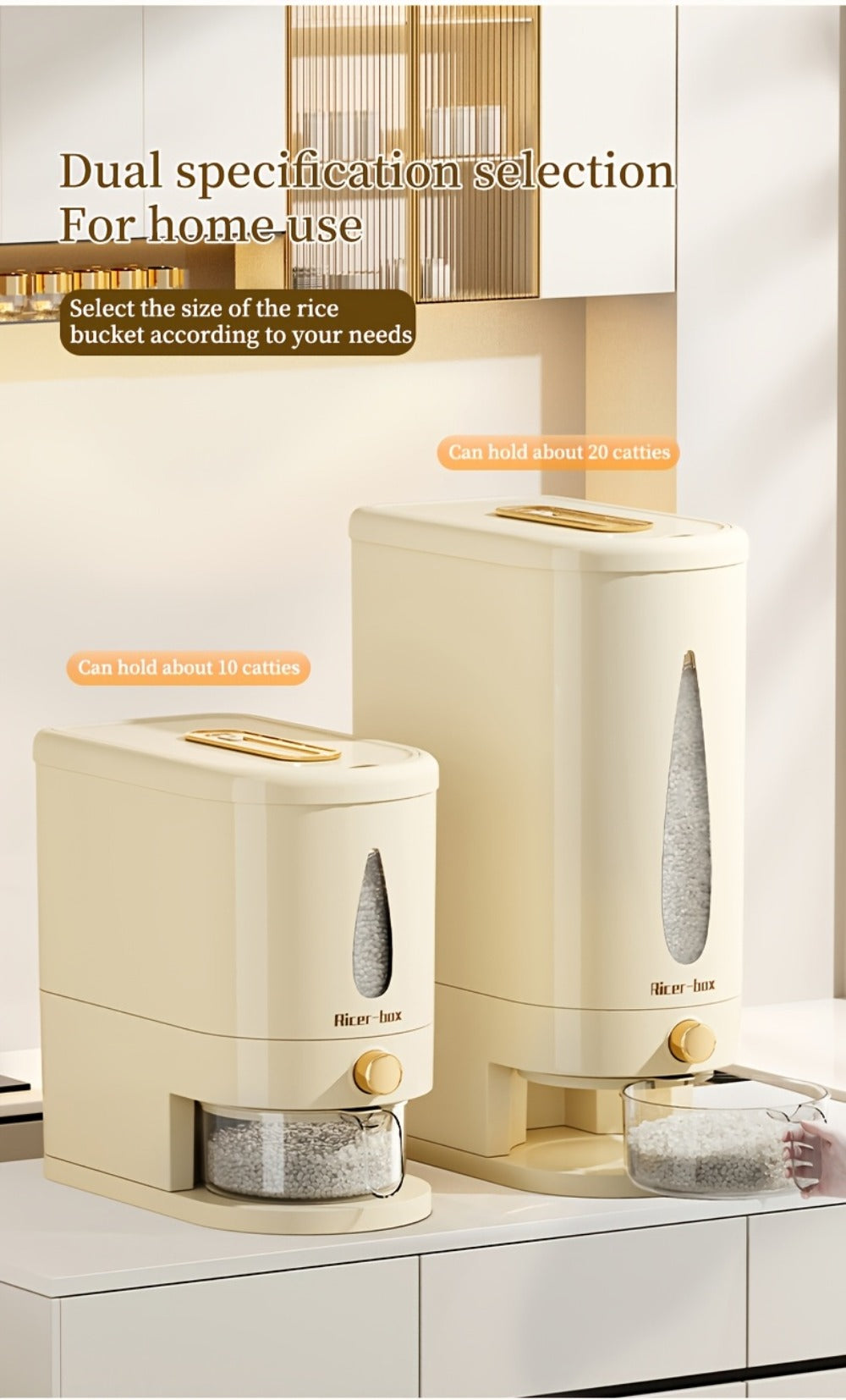 Food Storage Container Press-Button Rice Dispenser with Measuring Cup and 11lb or 22lb Capacity Options