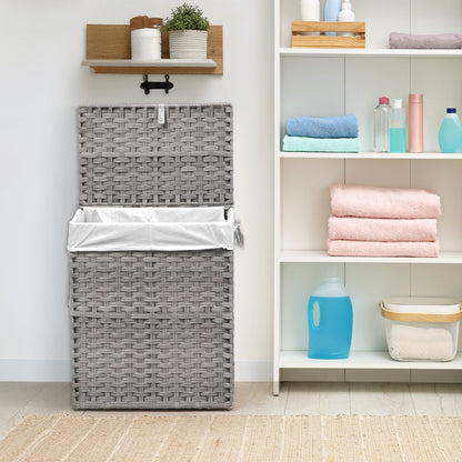 Woven Laundry Hamper with Hinged Lid, Removable Fabric Liner and Side Handles in Two Sizes and Brown or Gray