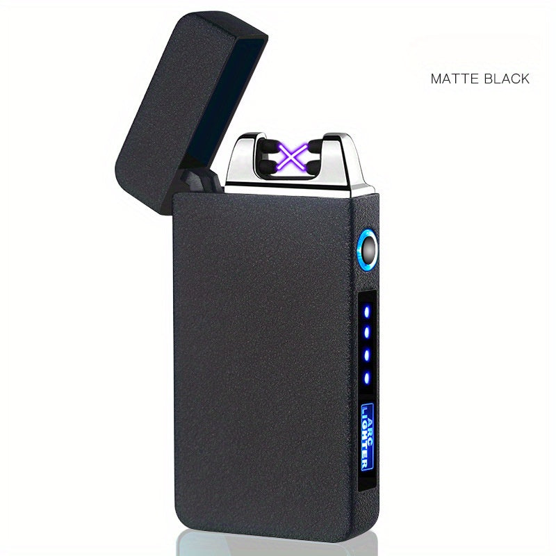 Flip-Top Dual-Arc Electric Lighter with Power Display in Three Black and Blue Color Options
