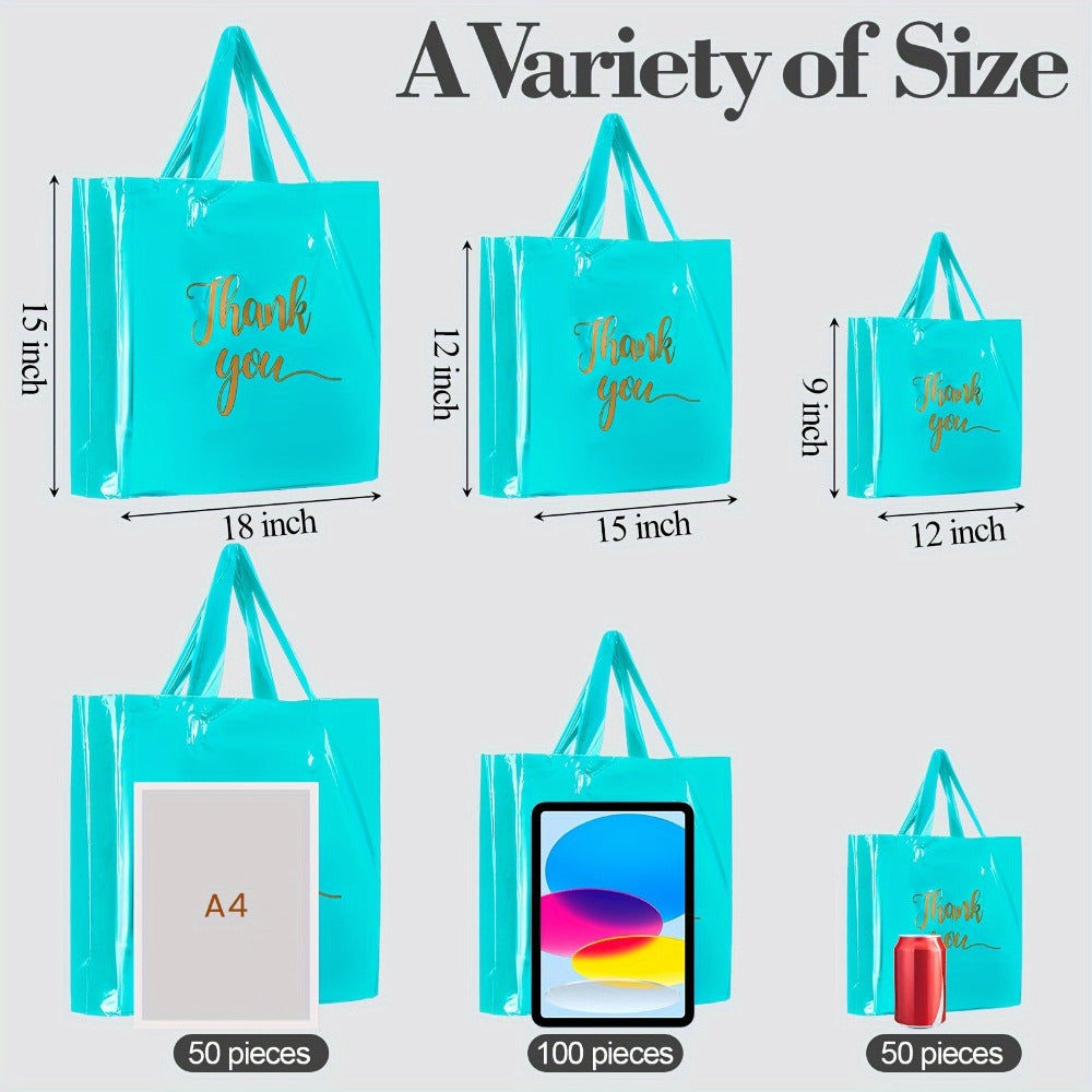 Sky Blue Thank You Plastic Shopping Bags, 200-Piece Set in 9 x 12, 12 x 15 and 15 x 18 Inch Sizes with Handles