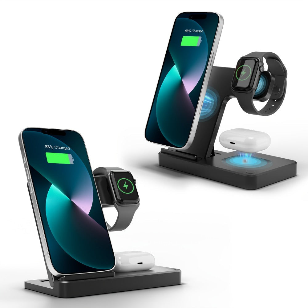 3-in-1 MagSafe Wireless Charger Foldable Travel Charging Station 15W Fast Charge – LED Indicator, Anti-Slip Stand for iPhone 17/16/15/14/13/12, Apple Watch Ultra/Series 10/9/SE & AirPods Pro | Jet Black & White