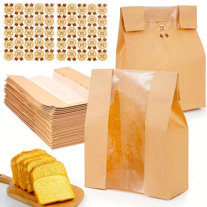 Bread Bags 100pcs Paper with Window 50% Thicker 13.7x8.2x3.7in Sourdough Homemade Bread Bakery Bags for Storage Bread Cookies Snacks with 100 Cute Sealing Stickers