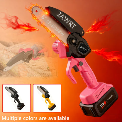 Electric Mini Chainsaw 6-Inch with Debris Guard & Toolbox - Cordless Handheld Pruning Saw with Safety Lock, Rechargeable Battery & Alloy Chain for Tree Pruning, Branch Cutting & Garden Use