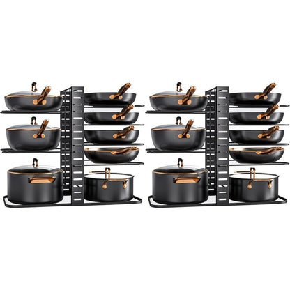 Pot and Pan Organizer 8-Tier with Lid Rack - Kitchen Cabinet Storage Rack for Cookware Pots Pans Lids and Utensils, Space Saving Vertical Cookware Organizer for Cabinet Pantry and Counter, Available in 1 or 2 Pack