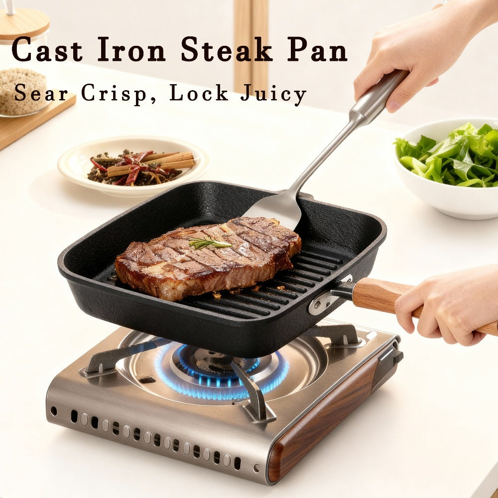 Cast Iron Grill Pan with Non-Stick Surface & Striped Design – Thick Wooden Handle Skillet for Steak, Meat, Pancakes & Eggs | Gas Stove, Home & Outdoor Camping Cookware