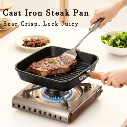 Cast Iron Grill Pan with Non-Stick Surface & Striped Design – Thick Wooden Handle Skillet for Steak, Meat, Pancakes & Eggs | Gas Stove, Home & Outdoor Camping Cookware