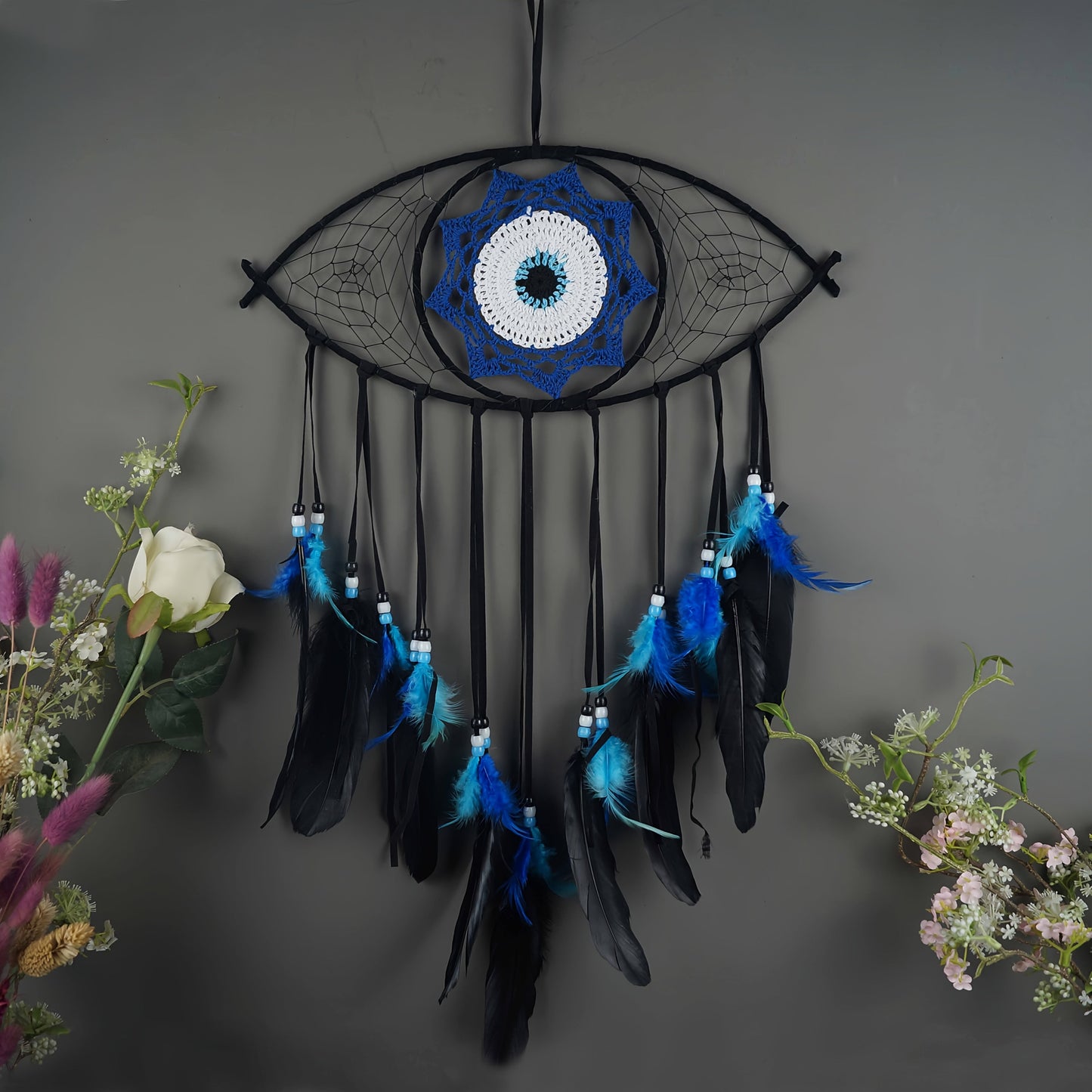 Evil Eye Dream Catcher Wall Decor with Woven Blue Motifs in Black, Beige or Two-Piece Round Set