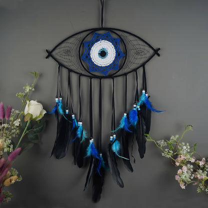 Evil Eye Dream Catcher Wall Decor with Woven Blue Motifs in Black, Beige or Two-Piece Round Set
