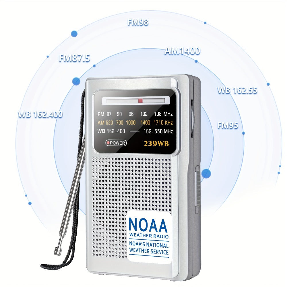 Portable AM/FM/NOAA Weather Radio with 2-AA Battery Power, Earphone Jack and Three Color Options