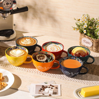 Bohemian Ceramic Coffee Mugs Set of 6 – 15 Oz Large Capacity Breakfast Mug – Microwave Safe for Hot & Cold Drinks – Unique Boho Drinkware Gift for Halloween, Thanksgiving & Christmas