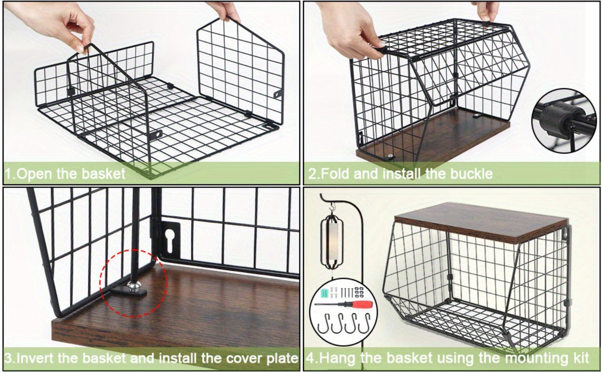 Stackable Metal Wire Fruit Basket with Lid, 1 or 2-Tier Hanging Kitchen Pantry Storage Bin