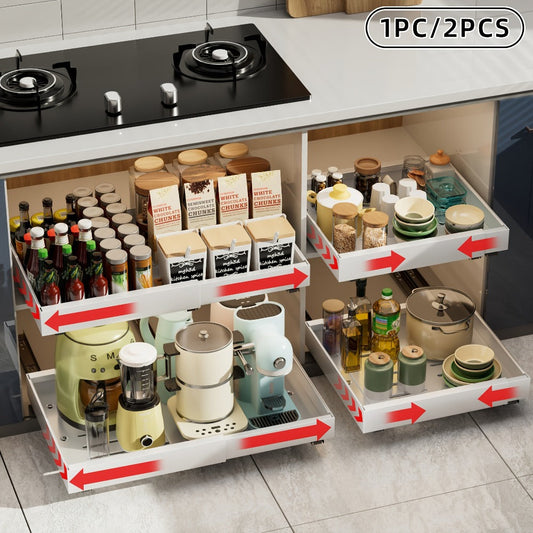 Expandable Pull-Out Cabinet Organizer Under Sink Storage Drawer Rack 2-Pack Adjustable Kitchen Shelf Organizer for Pots Pans Spices