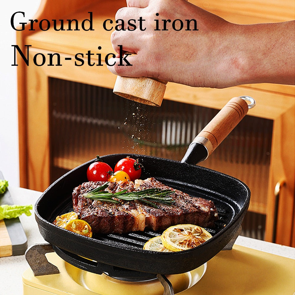 Cast Iron Grill Pan with Non-Stick Surface & Striped Design – Thick Wooden Handle Skillet for Steak, Meat, Pancakes & Eggs | Gas Stove, Home & Outdoor Camping Cookware