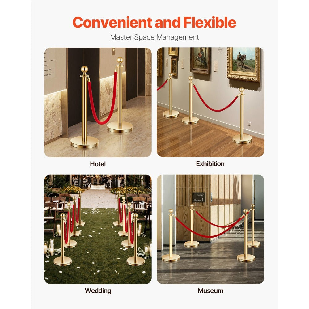 Stanchion Posts with Red Velvet Rope Set - Gold Crowd Control Barrier, for Home, Office and Event Organization