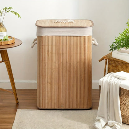 Upgrade or Ordinary Rectangular Collapsible Laundry Hamper with Slatted Body, Lid and Side Handles