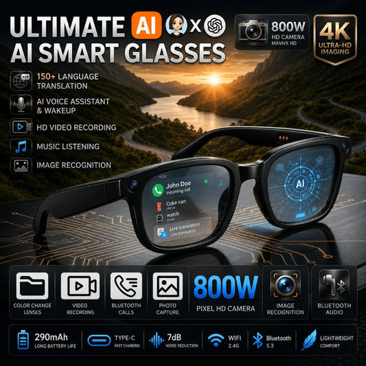 Smart Glasses 8MP Camera Eyewear with Translation, Object Recognition, Touch Control and Bluetooth Audio