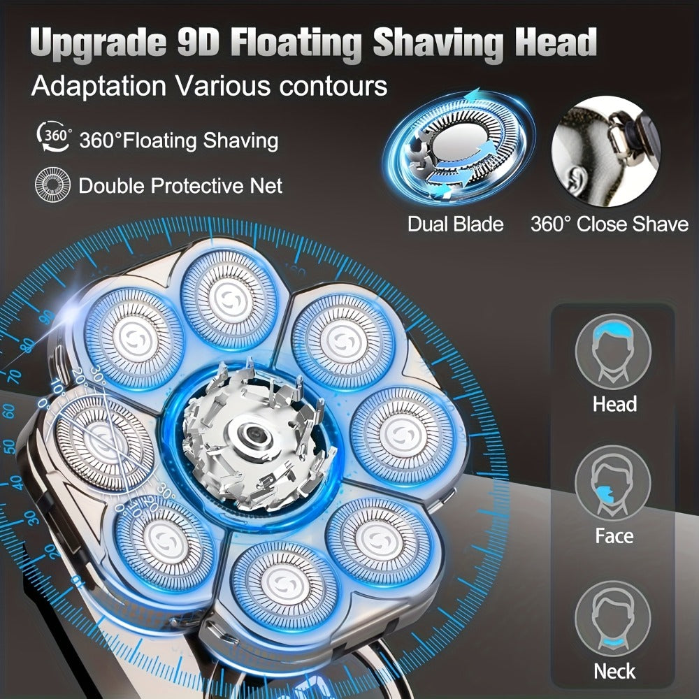 9D Floating Head Electric Razor for Bald Men 5-in-1 Grooming Kit Beard Trimmer Nose Hair Trimmer Facial Cleanser Body Groomer USB Rechargeable Cordless Shaver for Home Travel