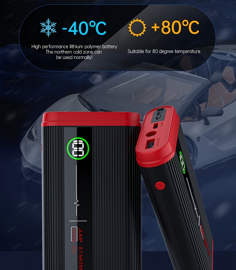 Lithium Jump Starter 3000A 8000mAh 12V Battery Pack USB-C Recharge Round LED Display for 6.0L Diesel 8.0L Gas Engines Compact Portable Emergency Booster