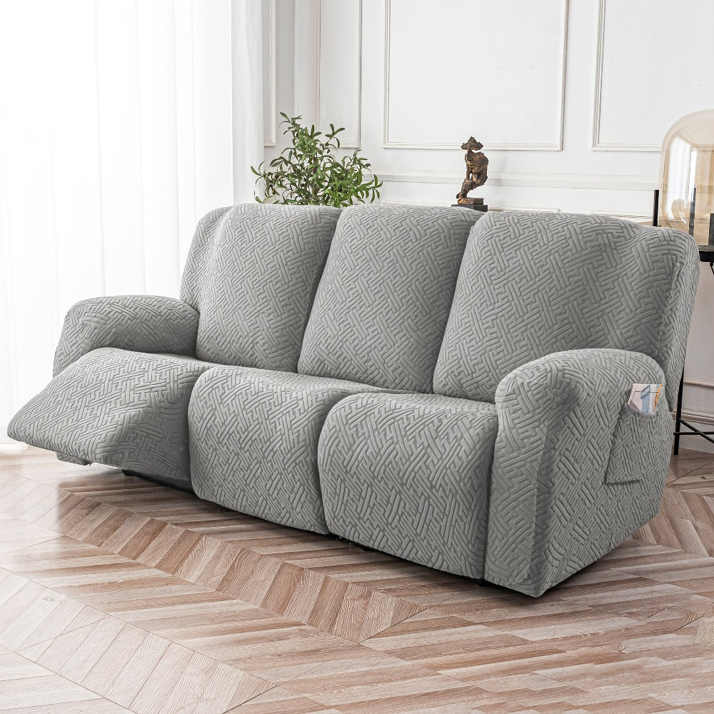 Slipcover Set, Eight-Piece Jacquard Stretch Cover for Three-Seat Recliner with Side Pocket in Nine Colors