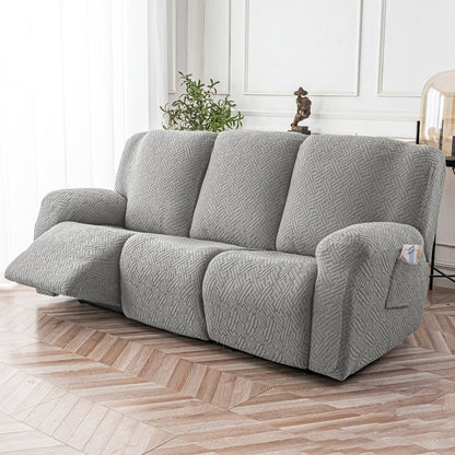 Slipcover Set, Eight-Piece Jacquard Stretch Cover for Three-Seat Recliner with Side Pocket in Nine Colors