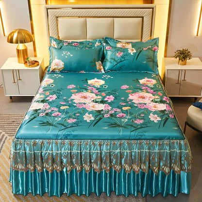 Ruffled Floral Bedspread Mat Set with Two Pillowcases, Twin to King Sizes and Four Pattern Choices
