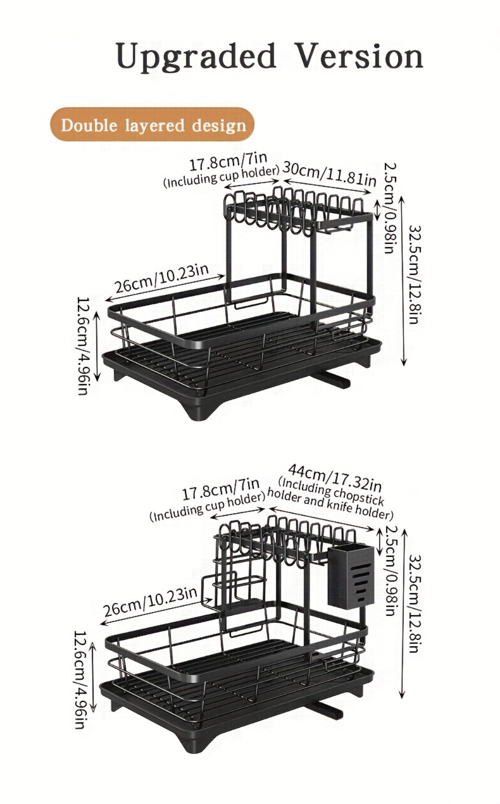 Two-Tier Dish Drying Rack, Metal Countertop Organizer with Cutlery Holder, Cup Holder and Drip Tray