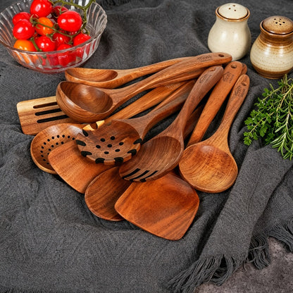 Wooden Spoons for Cooking 10 Pcs – Teak Wood Kitchen Utensils Set, Non-Stick Safe Spatulas & Spoon Cooking Tools