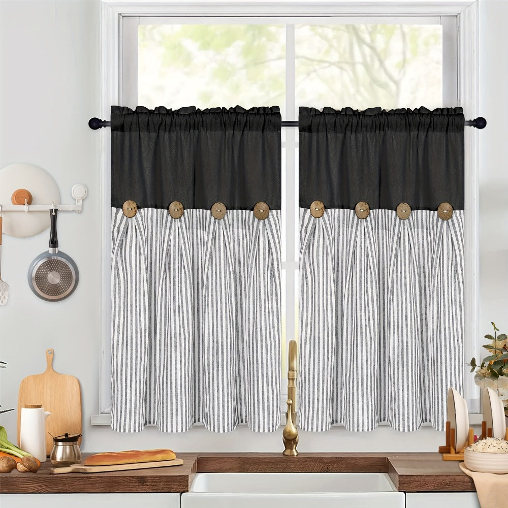 Striped Patchwork Window Curtain Set with Rod-Pocket Top, Six Colors and Five Panel-Count or Size Options