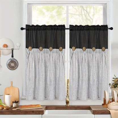 Striped Patchwork Window Curtain Set with Rod-Pocket Top, Six Colors and Five Panel-Count or Size Options