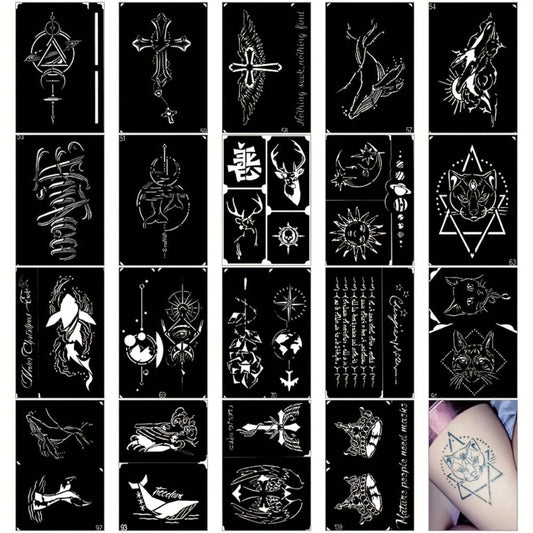 Reusable Tattoo Stencils Kit for Adults & Kids, Airbrush Temporary Tattoo Stencil Set with Whale Dolphin Cat Deer Wing Crown Cross Moon Sun Designs, DIY Body Art for Beach Festival Halloween Party Cosplay
