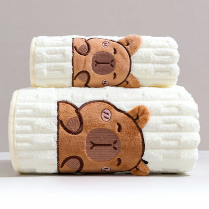Bath Towel Set 2 Piece Cute Capybara Coral Fleece Super Soft Ultra Absorbent Quick Dry Face Towel and Bath Sheet for Spa Gym Hotel Guest Bathroom