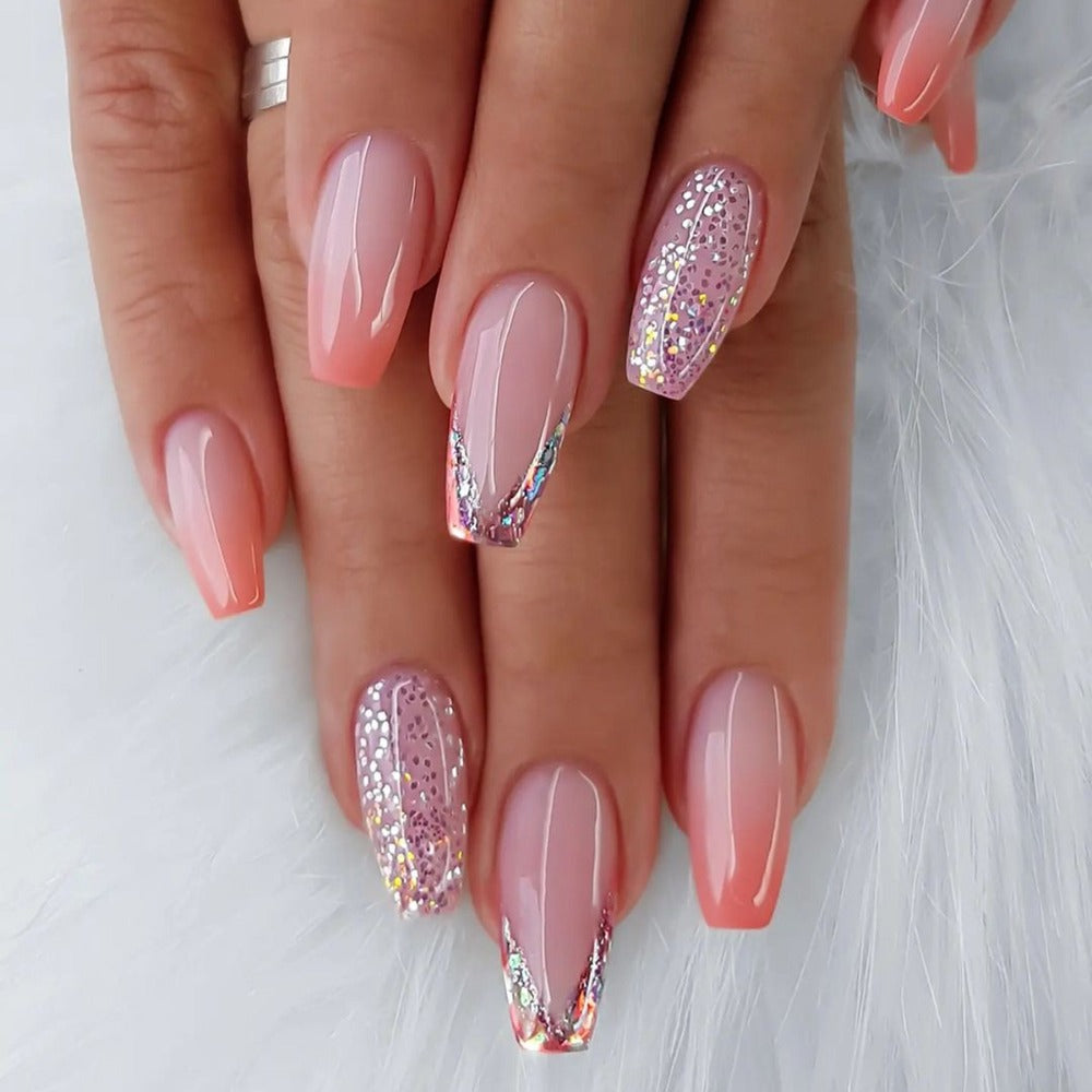 Glitter Sequin Press On Nails 120pcs Coffin Medium Length 5 Packs – Sparkling Pinkish Purple Glossy Full Cover False Nails | Glamorous Nail Art Kit for Women | Party Wedding Bridal Manicure Set