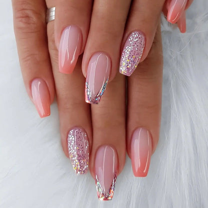 Glitter Sequin Press On Nails 120pcs Coffin Medium Length 5 Packs – Sparkling Pinkish Purple Glossy Full Cover False Nails | Glamorous Nail Art Kit for Women | Party Wedding Bridal Manicure Set