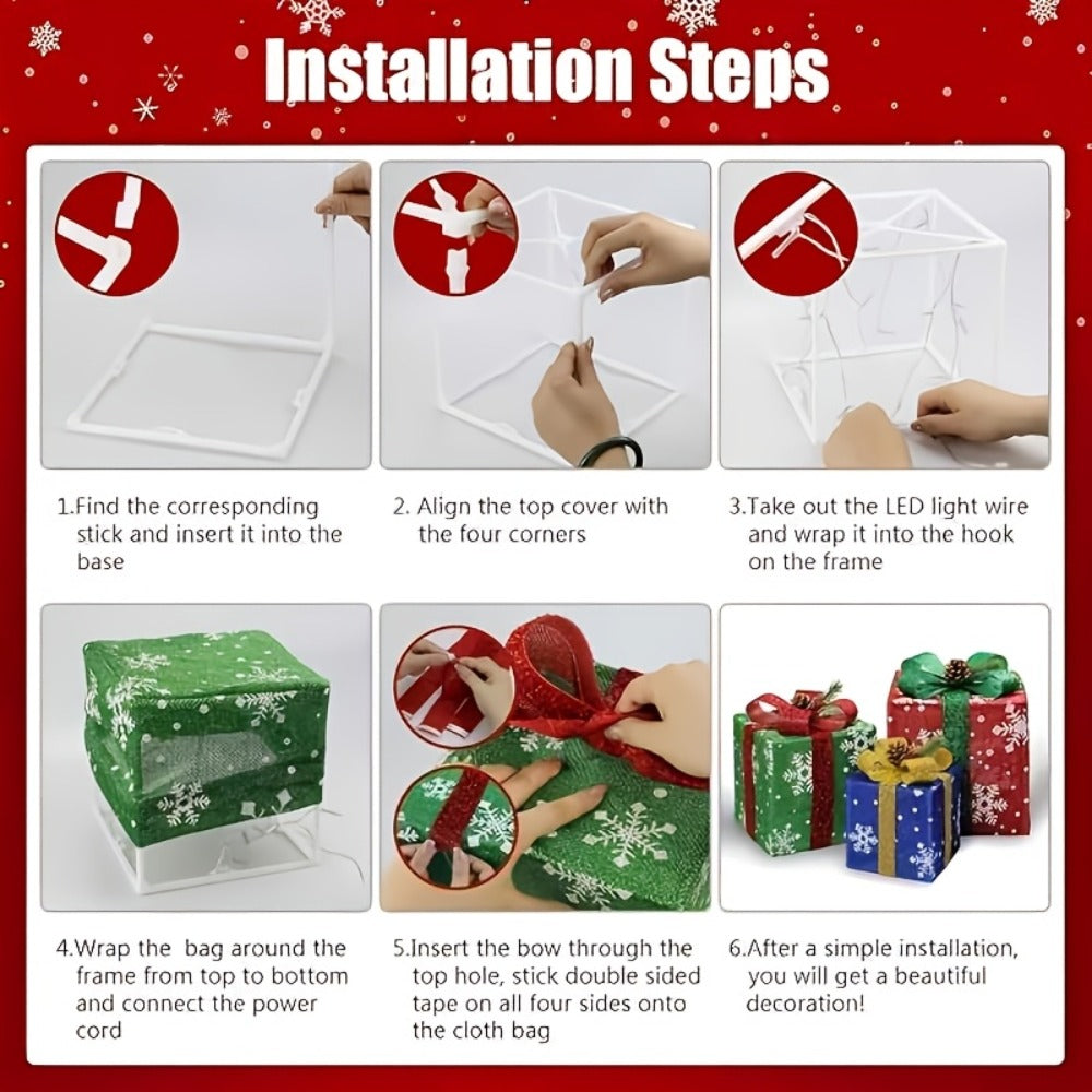 Three-Piece Lighted Gift Box Decoration Set with LED String Lights, Bow Handles and Four Holiday Style Options