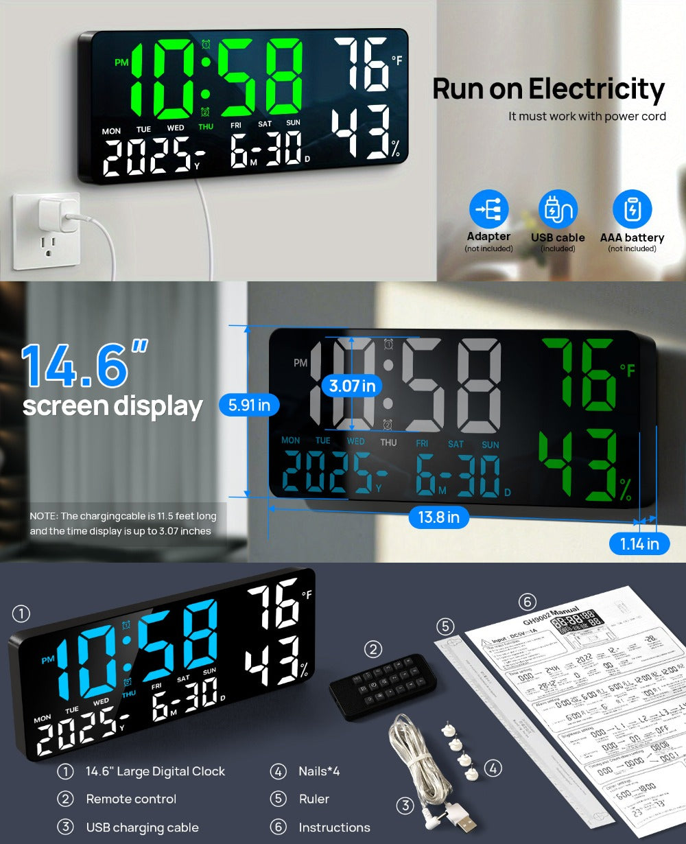14.6-Inch Digital LED Wall Clock with Remote, Date, Weekday, Temperature and Humidity Color Options