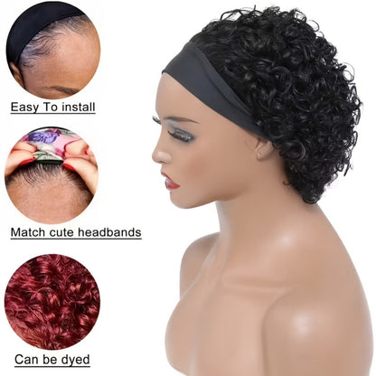 Six-Inch Kinky Curly Headband Wig with Glueless Band in Black, Burgundy or Rust Color Options