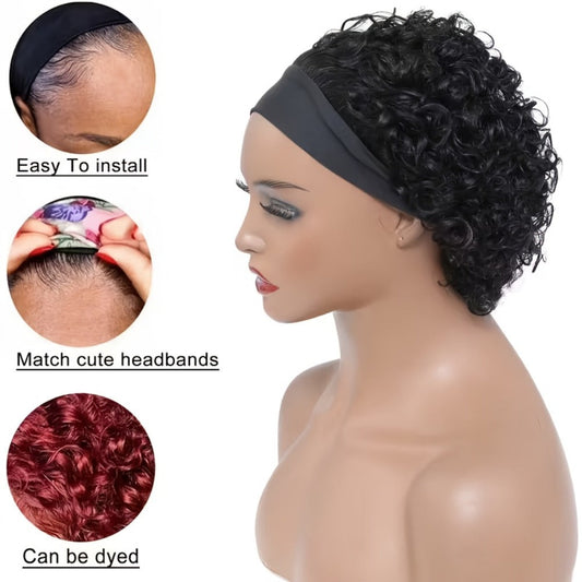 Kinky Curly Headband Wig Human Hair Brazilian 150% Density Glueless 6 Inch | No Glue No Gel Black Burgundy Rust | Beginner Friendly Daily Wear Protective Style Women
