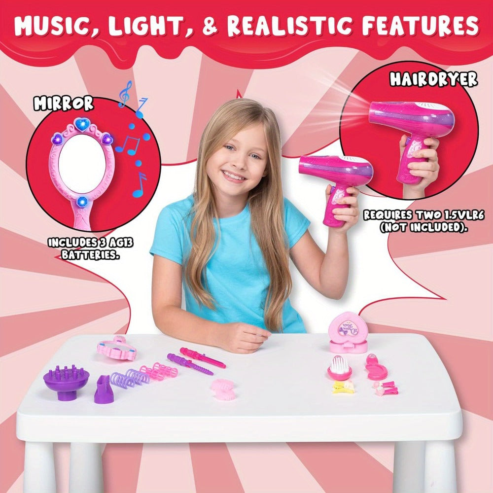 Girls Beauty Salon Toy Set 17 PCS – Pretend Play Hair Stylist Kit with Working Hairdryer Mirror Curling Wands Combs Clips & Jewelry Box | Princess Hair Dresser Toy for Girls Ages 3+ | Best Birthday Christmas Gift